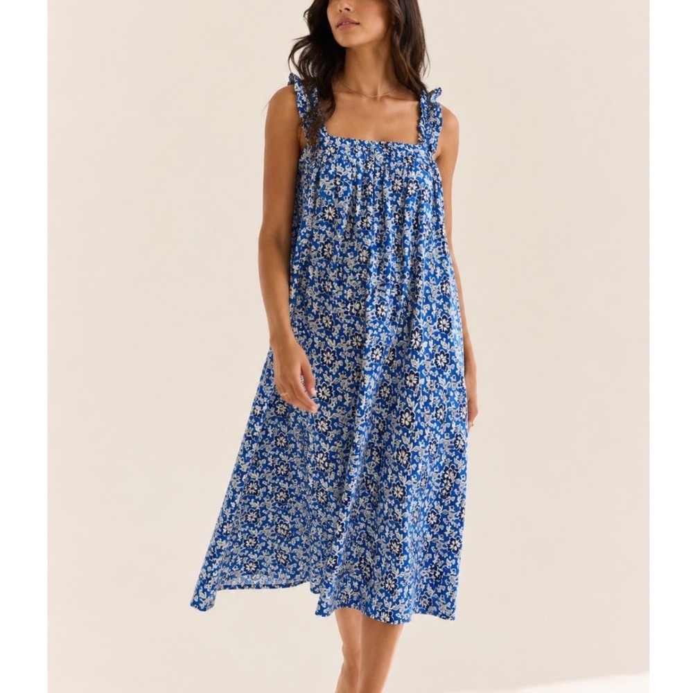 J.Crew | Women's Blue Floral Block Print Ruffle Strap Midi Dress, Size M